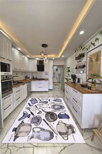 EY HOME Tencere Fincan Bıçak Tabak Bardak Desenli Yıkanabilir Mutfak Halısı, MUTFAK-35-MAVİ,