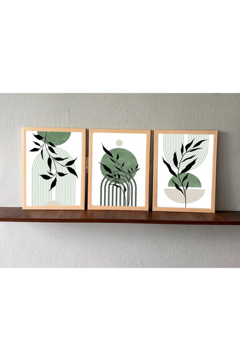 Linacci Linwood Triple Framed Mdf Print Green Leaf Geometric Natural Laminated Wood Look