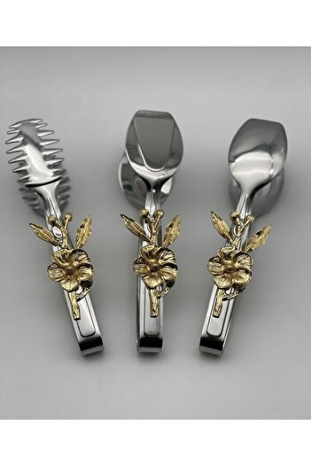 Esina Silver Tongs Set with Gold Flower Accessories Pasta Pastry Salad Serving Set Presentation