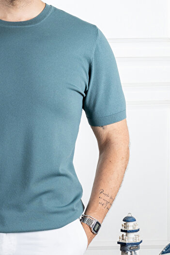 Sarar Petrol Green Thin Knitwear T-Shirt - O Neck, Wraps Design, Basic Model