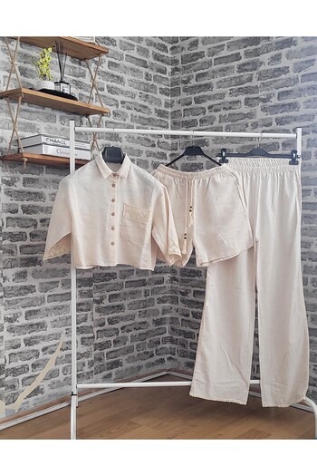 LO ADORO High Waist Linen 3-Piece Set - Elasticated Pants, Short Sleeve Shirt and Shorts