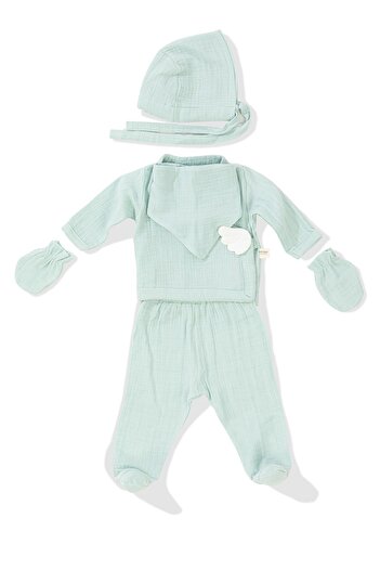 Wellgro Angel Wings Muslin 5-Piece Newborn Hospital Discharge Set-Mint