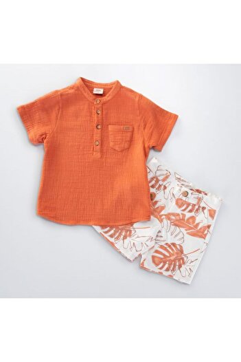 MİMBOKİDS Prevailing Collar T-Shirt and Leaf Patterned Shorts for Boy - 2 Piece Set