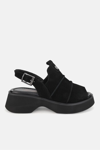 TUNAELLİ Black Nubuck Low Heel Sandals - Genuine Natural Leather