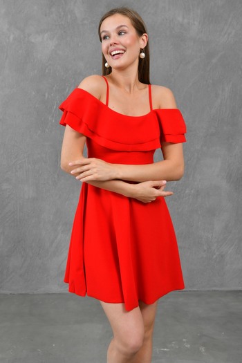 lovebox Red Bell Cut Flounced Short Evening Dress - Thin Straps 014