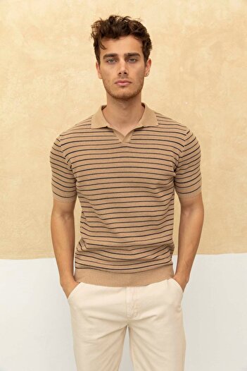 Tarz Cool Stone Color Striped Polo Collar T-Shirt