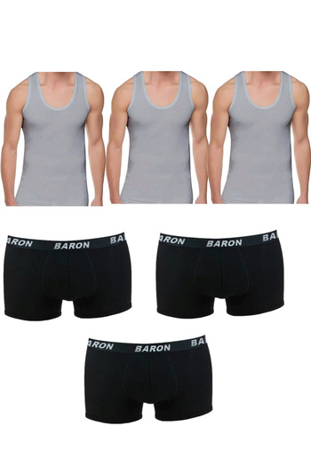 Pi Giyim 6-Piece Men's Undershirt and Boxer Set – 3 Gray Undershirts, 3 Black Boxers, Economical Package