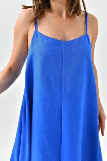 lovebox Blue Midi Evening Dress with U Collar Adjustable Straps - Aerobin Fabric 3378