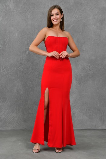 bayansepeti Strapless Corset Detailed Red Maxi Dress - Slit Design 167