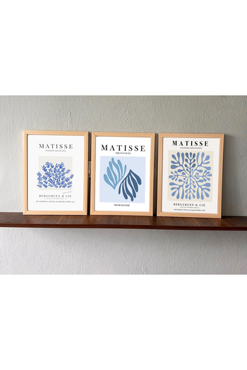 Linacci Linwood Triple Framed Mdf Print Matisse Blue Leaf Natural Laminated Wood Look