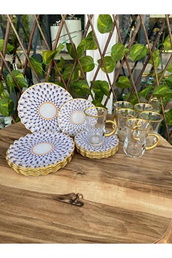 GÜRCÜGLASS Jewel Patterned Curved 18 Piece Tea Enjoyment Set