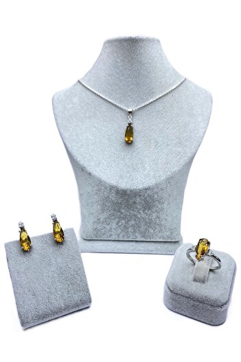 ERU JEWELLERY Gümüş Doğal Taşlı Kolye Küpe Yüzük Takı Seti - Anneler Günü