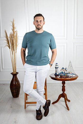 Sarar Petrol Green Thin Knitwear T-Shirt - O Neck, Wraps Design, Basic Model