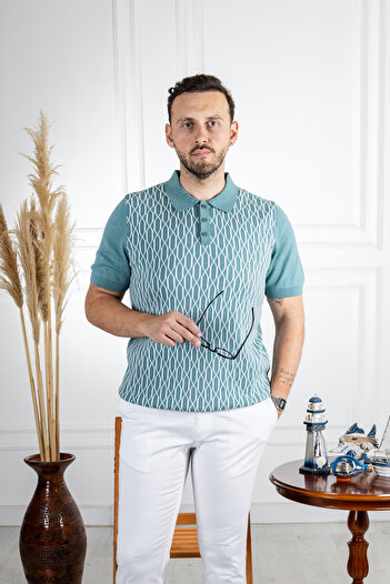 Sarar Mint Green Polo Collar Patterned Thin Knitwear T-Shirt - 100% Cotton