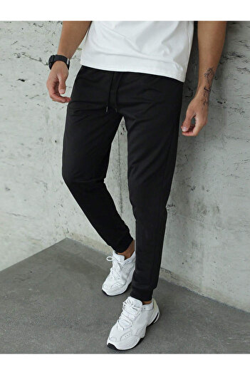 De Carte Men's Slim Fit Black Sports Sweatpants - Ribbed