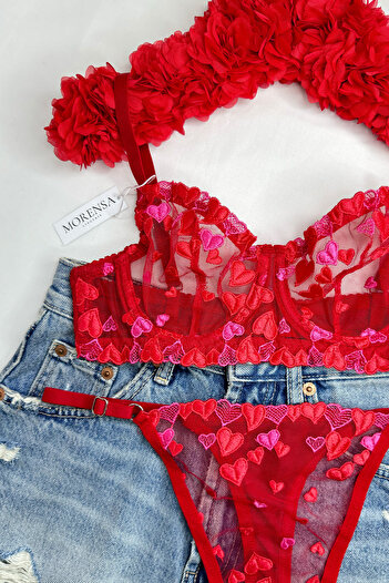 Morensa Red Mini Heart Patterned Underwire Bra and Lingerie Set