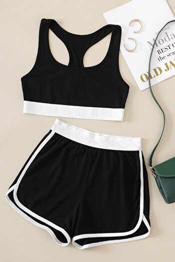 Imoda Women's Black and White Elastic Cross Crop Heeled Shorts Homewear Set