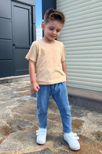 Pollito Children's Beige Crew Neck Basic Plain T-shirt 100% Cotton