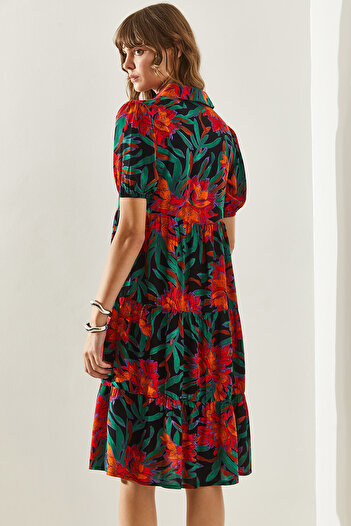 Bianco Lucci Viscose Short Sleeve Dress - Shirt Collar, Button Closed, Floor-Length Ruffle Detail60251224