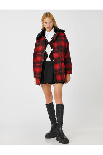 Koton Plaid Woolen Coat with Removable Collar and Plush Detail