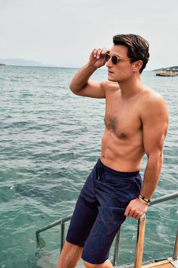 Haşema Navy Blue Red Patterned Long Men's Shorts - 24-22 for Pool and Sea