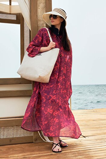 Haşema Fuchsia Patterned Long Pareo - 4091