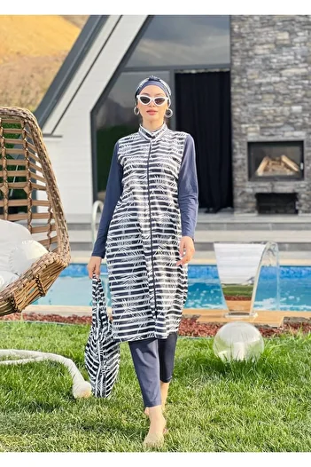 ALLMİRA FASHION Camellia Navy Blue Striped Hijab Swimsuit Set of 5 - With Bag