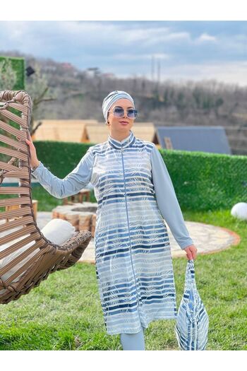 ALLMİRA FASHION Camelya 5-Piece Gray Striped Hijab Swimsuit Set - With Bag