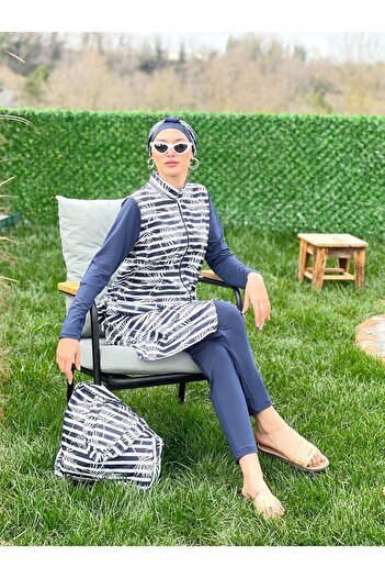 ALLMİRA FASHION Camellia Navy Blue Striped Hijab Swimsuit Set of 5 - With Bag