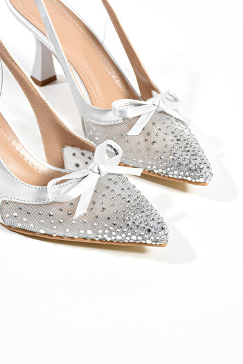 DUXAL SHOES Olivia Women's - Pointed Toe Stiletto Evening Dress with Stone Detail, Bow and Open Back Heels