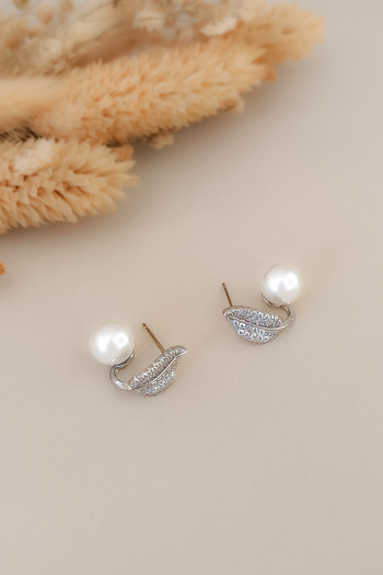COSİTA Zircon Stone Pearl Leaf Ghost - Vintage Silver Earrings