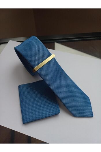 tezgahist Light Blue Thin Tie/Handkerchief/Tie Clip Set