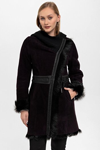 Deriderim Plum Seline Knitwear Hooded Genuine Leather Fur Coat