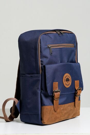Ramsburry Unisex Navy Blue 100% Genuine Leather Detailed Waterproof 15.6 Inch Multi-Compartment Backpack with Laptop Compartment