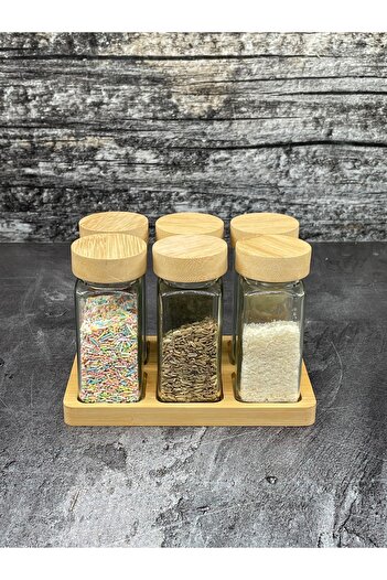 YzHome 300ml Capacity - Set of 6 Bamboo Jars with Stand and Square Spice