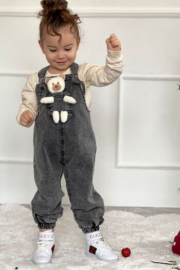 Pollito Unisex Children's Strap Tied Teddy Toy 2-Piece Black Denim Salopet