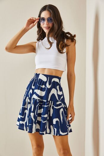 XHAN Navy Blue Knitted Mini Skirt with Flounces - 5YXK7-48528-14