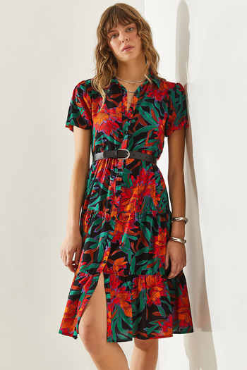 Bianco Lucci Viscose Short Sleeve Dress - Shirt Collar, Button Closed, Floor-Length Ruffle Detail60251224
