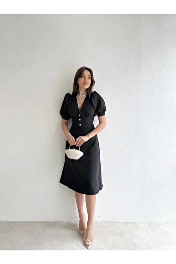 Afiş Butik Rochie midi cu jumătate de mânecă detaliată cu nasturi perle negre