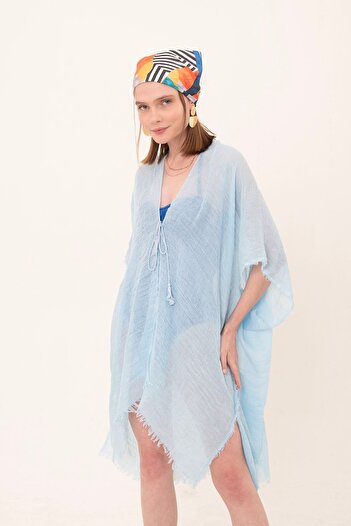 laughs Pareo kimono lung din bumbac albastru pentru femei - Detaliu cu șireturi Pr11200