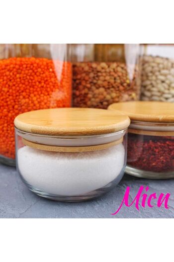MİEN 6 Pieces Glass Storage Container with Bamboo Lid, Spice Bowl, Breakfast, Set of 6 380 Ml