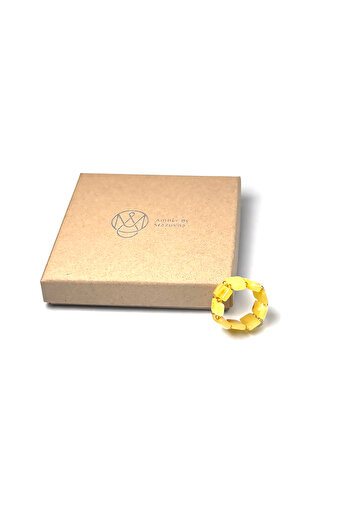 Amber by Mazukna Mat Sarı Baget Kesim Kehribar Yüzük, Esnek Misina, Genç, Yetişkin, Sertifikalı