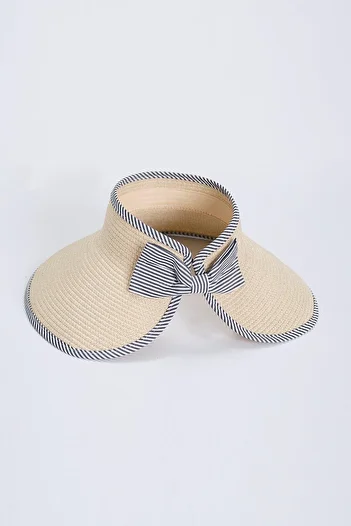 Haşema Foldable Beige Visor Beach Hat with Bow Detail