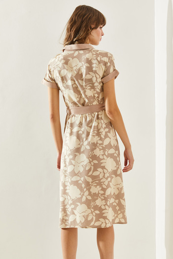 Bianco Lucci Leaf Patterned Women's Midi Dress - Belted and Buttoned 245560251317