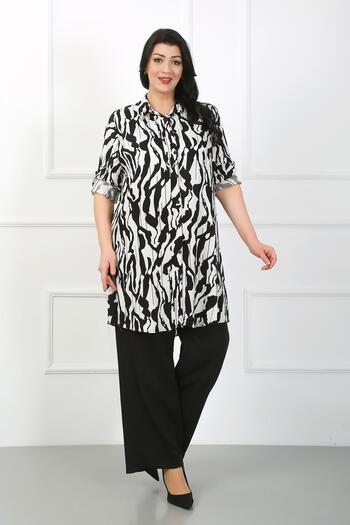 By Alba Collection Plus Size Black Patterned Cotton Viscose Tunic