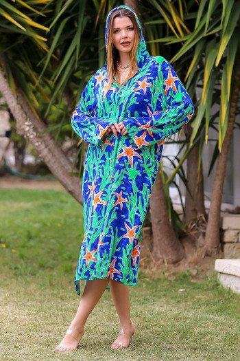 Chiccy Petrol Blue Allover Printed - Μακρυμάνικο casual φόρεμα με κουκούλα και κουμπιά με σχισμή