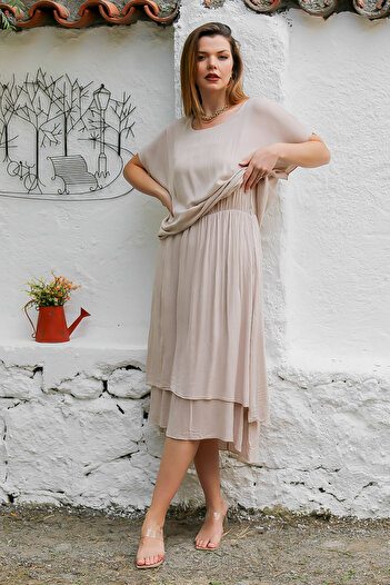 Chiccy Φόρεμα Camel Color Double Layer Boat Neck με χαμηλό μανίκι