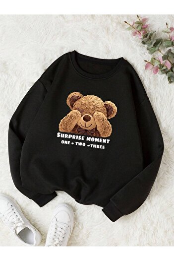 Demacia Unisex Bear Printed Black Oversize Sweatshirt - Crew Neck