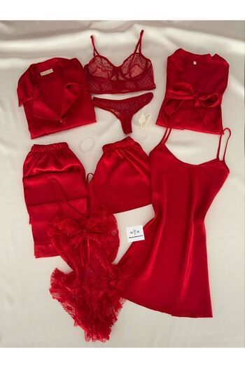 MH Moony Homewears Boxed 8 Piece Red Satin Pajamas Nightwear Underwear Myth Dowry Set