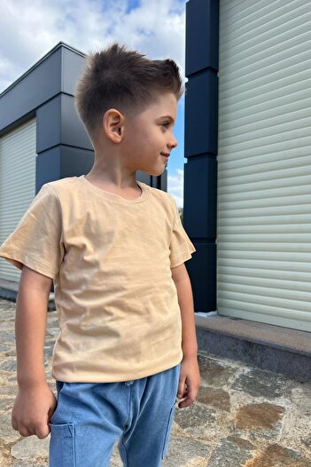 Pollito Children's Beige Crew Neck Basic Plain T-shirt 100% Cotton